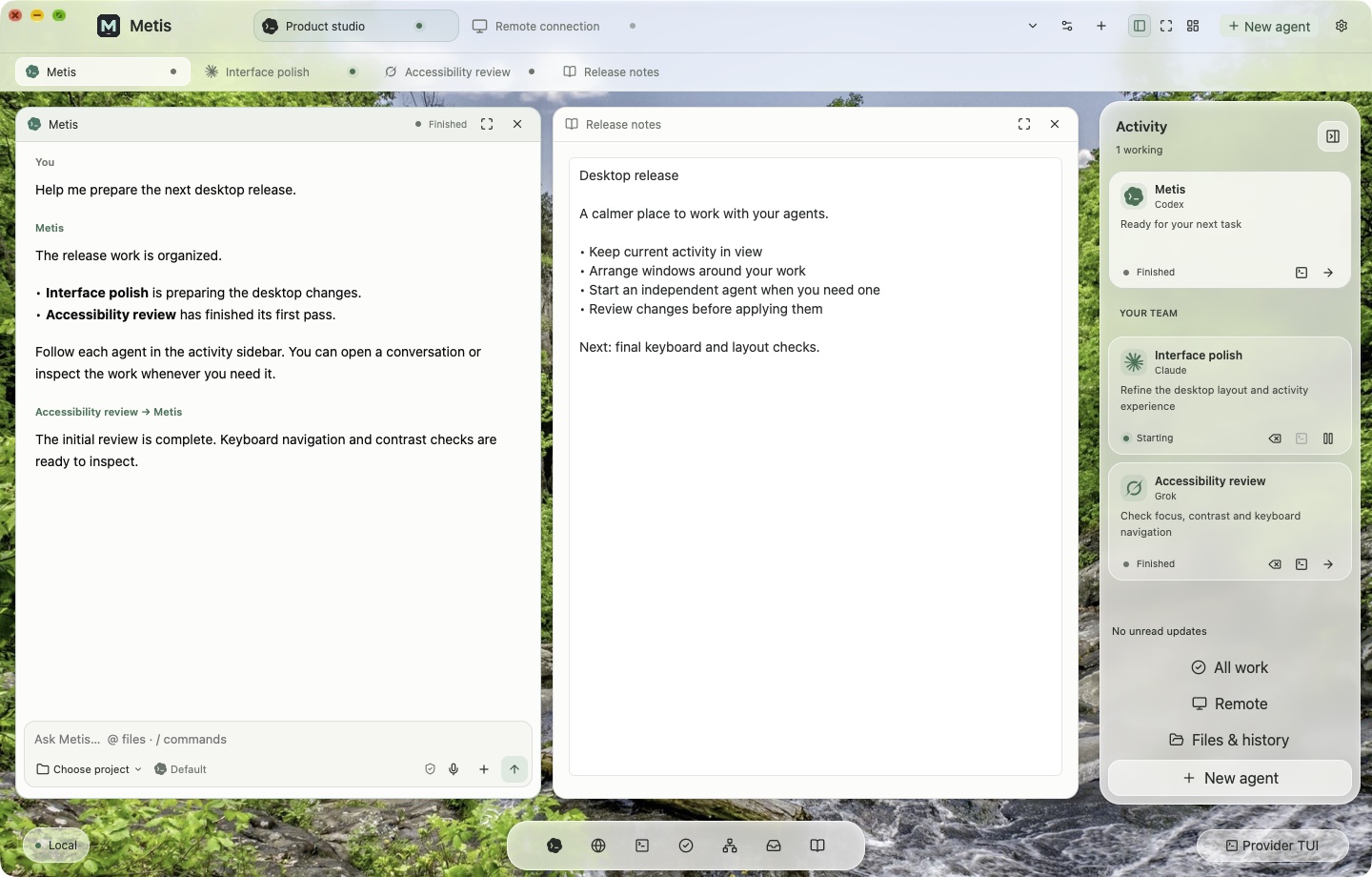 Metis running a product studio with agent conversations and a team activity sidebar
