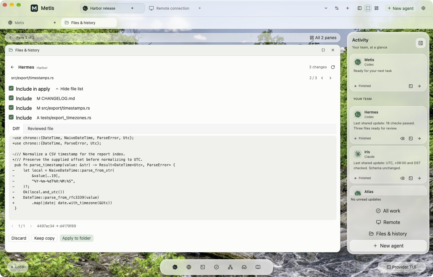 Saved sample Harbor timestamp parser diff in Metis Files and history